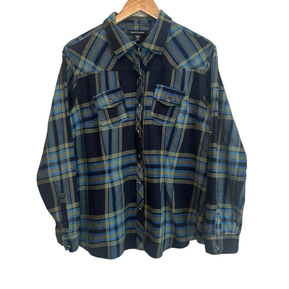 Ashley Stewart Tops - Ashley Stewart Women's 16W Cotton Metallic Blue Plaid Flannel Plus Button-up Top
